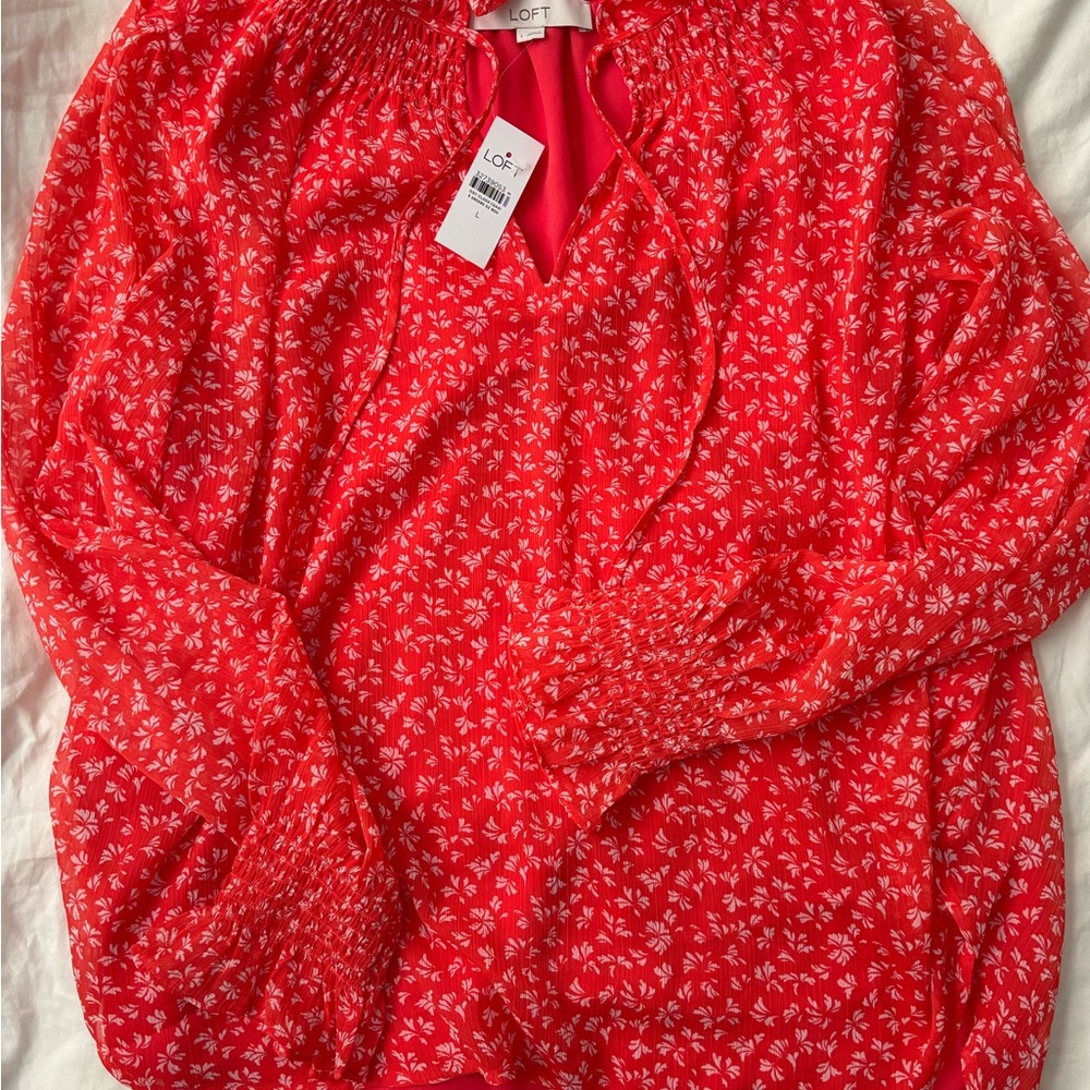 LOFT Red Smocked Tie Front Blouse